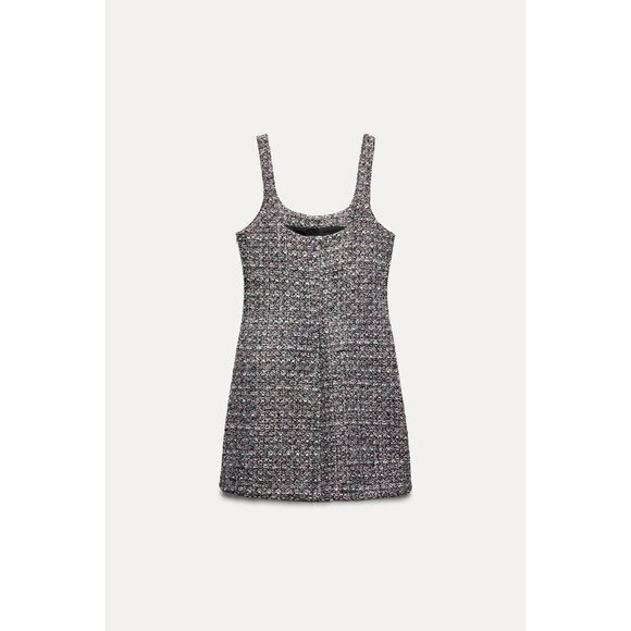 Zara Pink Tweed Mini Dress With Sleeveless Design Square Neckline READ ME - Picture 2 of 11